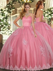 Excellent Watermelon Red Tulle Lace Up Sweetheart Sleeveless Floor Length 15 Quinceanera Dress Beading and Appliques