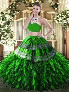 Custom Designed Green Two Pieces Beading and Ruffles Sweet 16 Quinceanera Dress Backless Tulle Sleeveless Floor Length