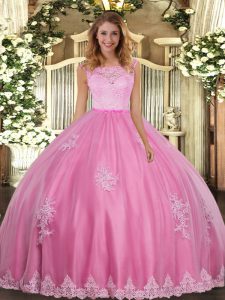 Sleeveless Floor Length Lace and Appliques Clasp Handle Sweet 16 Dress with Rose Pink