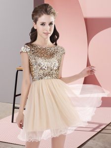 Charming Scoop Cap Sleeves Dama Dress Mini Length Sequins Champagne Tulle