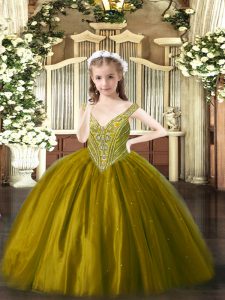 Stunning Brown Tulle Lace Up V-neck Sleeveless Floor Length Little Girls Pageant Dress Wholesale Beading