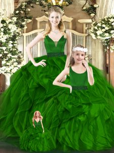 Fantastic V-neck Sleeveless Sweet 16 Quinceanera Dress Floor Length Beading and Ruffles Green Organza