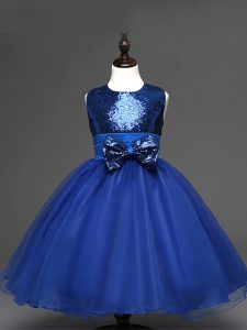 Popular Royal Blue Ball Gowns Sequins and Bowknot Pageant Dress Toddler Zipper Tulle Sleeveless Tea Length