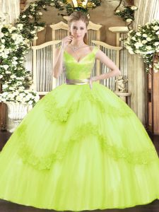 Yellow Green Zipper V-neck Beading and Appliques Sweet 16 Dresses Tulle Sleeveless