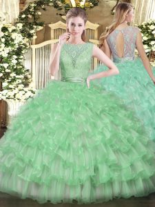 Scoop Sleeveless Quinceanera Dresses Floor Length Beading and Ruffled Layers Apple Green Tulle
