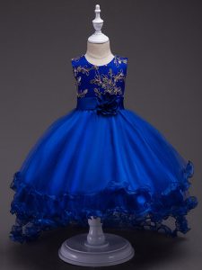 Elegant Royal Blue Ball Gowns Scoop Sleeveless Tulle High Low Zipper Appliques and Hand Made Flower Little Girl Pageant Gowns