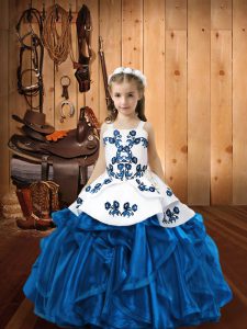 Blue Ball Gowns Organza Straps Sleeveless Embroidery and Ruffles Floor Length Lace Up Pageant Gowns For Girls