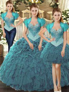 Captivating Teal Straps Lace Up Beading and Ruffles Party Dress Sleeveless