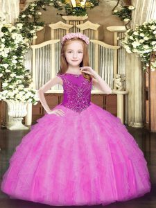 Super Scoop Sleeveless Child Pageant Dress Floor Length Beading and Ruffles Rose Pink Organza