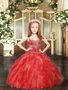 Beauteous Red Ball Gowns Spaghetti Straps Sleeveless Tulle Floor Length Lace Up Beading and Ruffles Pageant Dress for Womens