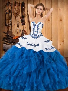 Glorious Floor Length Ball Gowns Sleeveless Blue And White Ball Gown Prom Dress Lace Up