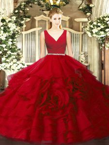 Wine Red Ball Gowns V-neck Sleeveless Fabric With Rolling Flowers Floor Length Zipper Beading 15th Birthday Dress