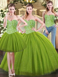 Sleeveless Tulle Floor Length Lace Up Quinceanera Dress in Olive Green with Beading
