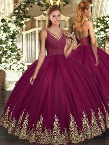 Tulle V-neck Sleeveless Backless Beading and Appliques Sweet 16 Quinceanera Dress in Burgundy