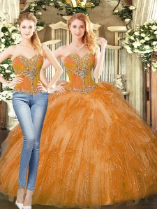 Glorious Sleeveless Organza Floor Length Lace Up Quinceanera Dresses in Orange Red with Beading and Ruffles