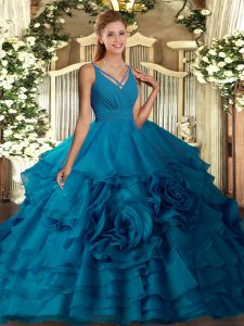 V-neck Sleeveless Fabric With Rolling Flowers Quinceanera Gown Ruffles Backless