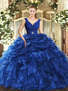Fantastic Blue Quinceanera Gown Sweet 16 and Quinceanera with Beading and Ruffles V-neck Sleeveless Backless