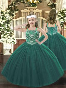 Floor Length Dark Green High School Pageant Dress Tulle Sleeveless Beading