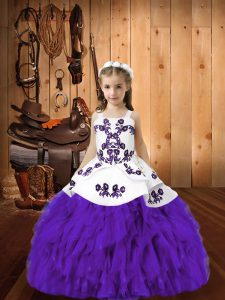 Beautiful Eggplant Purple Lace Up Little Girls Pageant Gowns Embroidery and Ruffles Sleeveless Floor Length