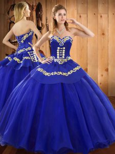 On Sale Blue Lace Up Sweetheart Embroidery Sweet 16 Dresses Satin and Tulle Sleeveless