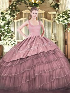 Fabulous Floor Length Pink Quinceanera Gown Straps Sleeveless Zipper