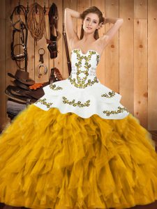 Fantastic Gold Strapless Neckline Embroidery and Ruffles 15 Quinceanera Dress Sleeveless Lace Up