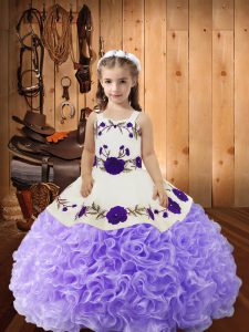 Fabric With Rolling Flowers Straps Sleeveless Lace Up Embroidery and Ruffles Pageant Gowns For Girls in Lavender