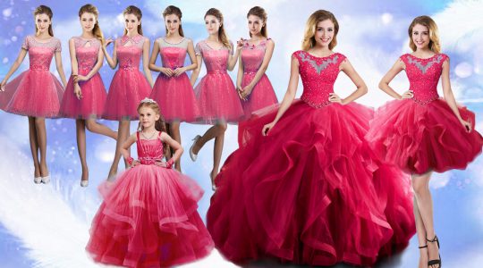 Exceptional Hot Pink Organza Lace Up Scoop Sleeveless Floor Length Quinceanera Gowns Beading