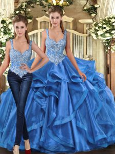 Noble Blue Straps Neckline Beading and Ruffles Ball Gown Prom Dress Sleeveless Lace Up