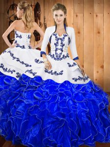 Amazing Strapless Sleeveless Quinceanera Dresses Floor Length Embroidery and Ruffles Blue And White Satin and Organza