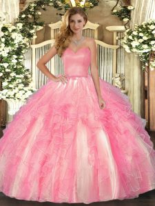 Perfect Rose Pink Organza Lace Up Sweetheart Sleeveless Floor Length Sweet 16 Dresses Ruffles