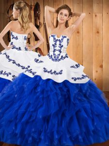 Best Royal Blue Sleeveless Satin and Organza Lace Up 15 Quinceanera Dress for Military Ball and Sweet 16 and Quinceanera
