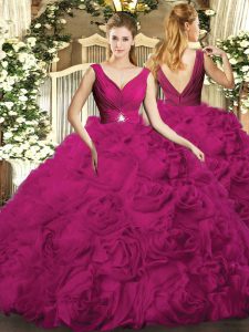 Ball Gowns Sweet 16 Dresses Fuchsia V-neck Fabric With Rolling Flowers Sleeveless Floor Length Backless