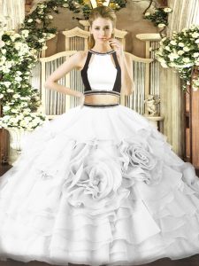 Attractive White Two Pieces Halter Top Sleeveless Tulle Floor Length Zipper Ruffled Layers Quinceanera Dress