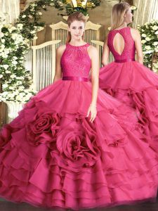 Hot Pink Zipper Scoop Lace Sweet 16 Quinceanera Dress Fabric With Rolling Flowers Sleeveless