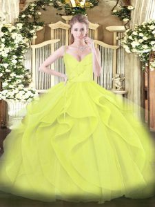 Yellow Green and Yellow Tulle Zipper Spaghetti Straps Sleeveless Floor Length Quinceanera Gowns Ruffles and Ruching