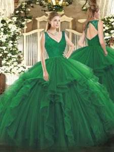 Glamorous Floor Length Dark Green Sweet 16 Dresses V-neck Sleeveless Backless