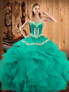 Turquoise Sleeveless Satin and Organza Lace Up Quinceanera Gown for Military Ball and Sweet 16 and Quinceanera
