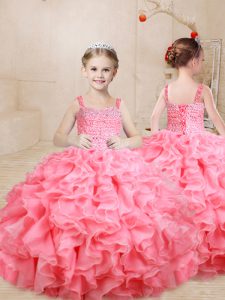 Nice Straps Sleeveless Lace Up Little Girls Pageant Gowns Watermelon Red Organza