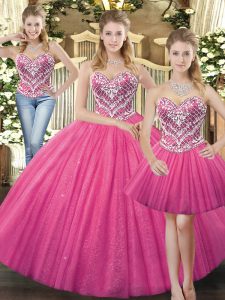Hot Pink Sleeveless Tulle Lace Up 15 Quinceanera Dress for Military Ball and Sweet 16 and Quinceanera