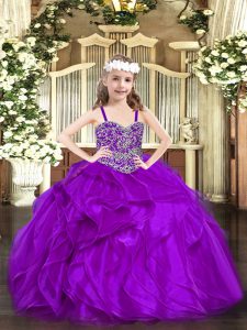 Purple Ball Gowns Beading and Ruffles Pageant Dress Wholesale Lace Up Organza Sleeveless Floor Length