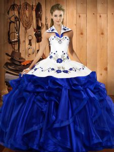 Floor Length Lace Up Ball Gown Prom Dress Royal Blue for Military Ball and Sweet 16 and Quinceanera with Embroidery and Ruffles