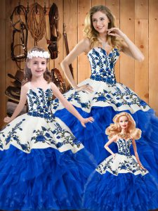 Blue Ball Gowns Embroidery and Ruffles 15 Quinceanera Dress Lace Up Satin and Organza Sleeveless Floor Length