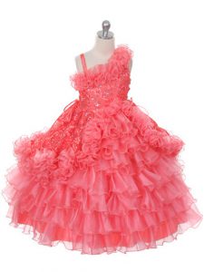 Sleeveless Floor Length Lace and Ruffles and Ruffled Layers Lace Up Pageant Gowns For Girls with Watermelon Red