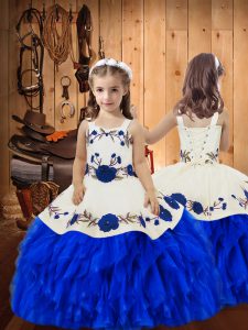 Perfect Floor Length Lace Up Little Girl Pageant Gowns Royal Blue for Sweet 16 and Quinceanera with Embroidery and Ruffles