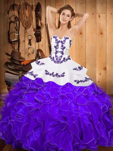Attractive Floor Length Lace Up Sweet 16 Dresses White And Purple for Military Ball and Sweet 16 and Quinceanera with Embroidery and Ruffles