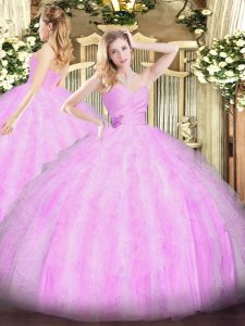 Lilac Ball Gowns Sweetheart Sleeveless Organza Floor Length Lace Up Beading and Ruffles 15 Quinceanera Dress