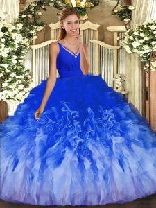 Best Selling Multi-color Ball Gowns V-neck Sleeveless Tulle Floor Length Backless Ruffles Sweet 16 Dress