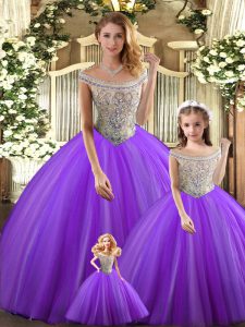 Sweet Purple Bateau Lace Up Beading Quinceanera Dress Sleeveless