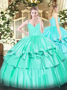 Pretty Turquoise 15 Quinceanera Dress Military Ball and Sweet 16 and Quinceanera with Ruffled Layers Spaghetti Straps Sleeveless Zipper